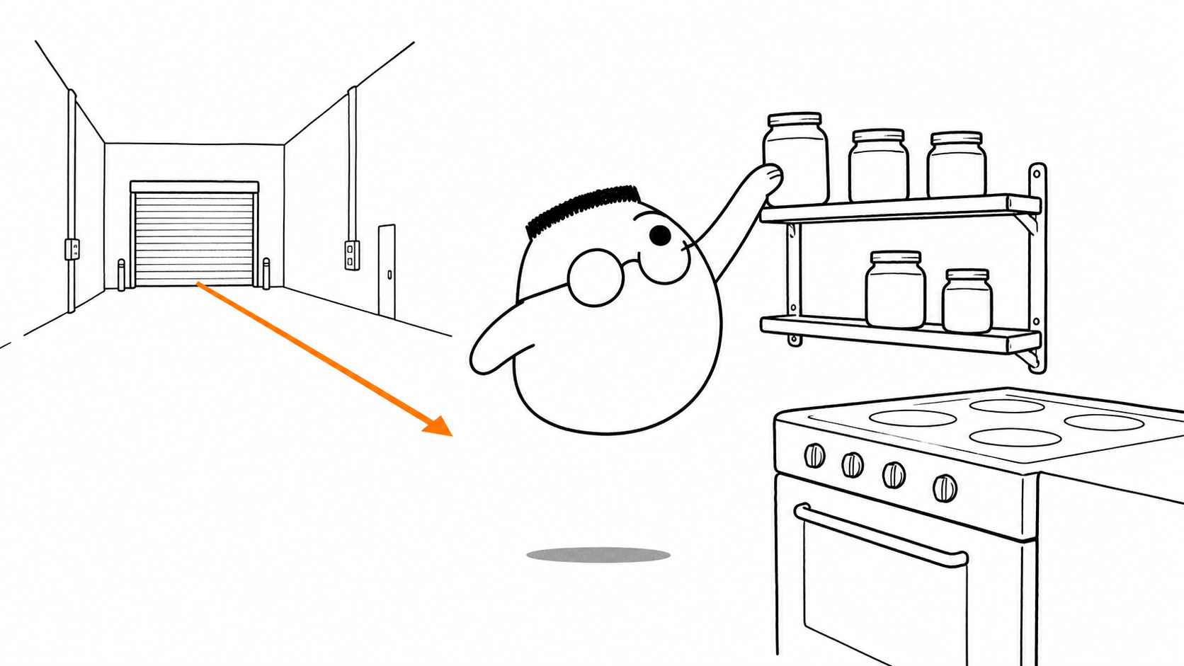 Kuka mengambil toples dari rak kecil dekat dapur, sementara pintu gudang terlihat jauh di belakangnya.