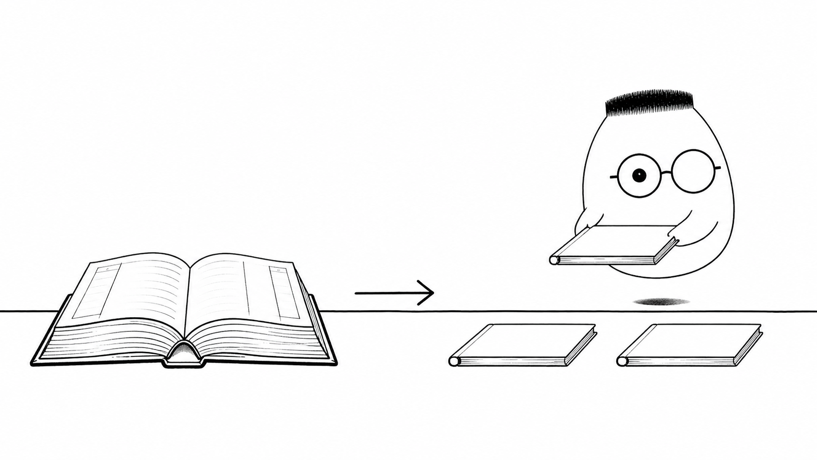 Satu buku besar tebal dipecah menjadi dua buku lebih tipis dan Kuka memegang salah satunya.