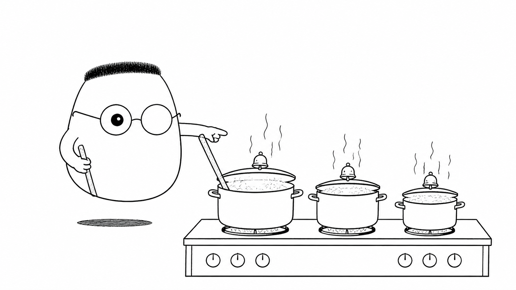 Kuka mengaduk satu panci sambil menunjuk dua panci lain yang sedang merebus, dengan bel kecil di tiap panci.